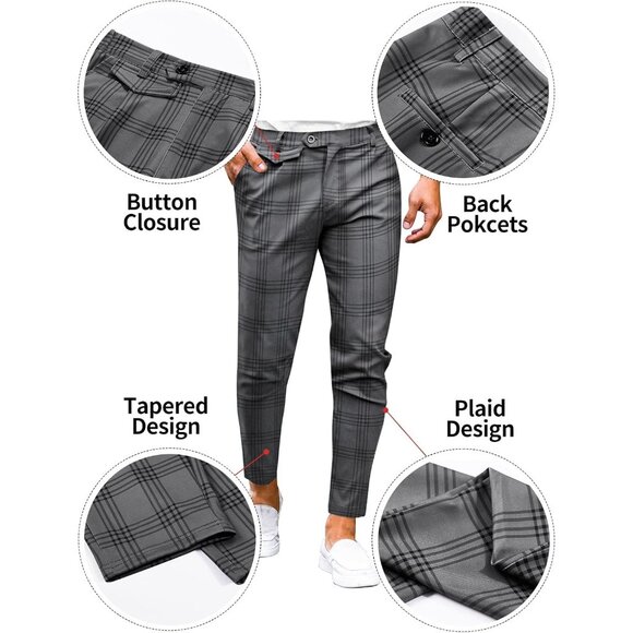 🆕 Men Grey Slim Fit Pants Flat Front Stretch Skinny Tapered Casual Trousers - Picture 5 of 6